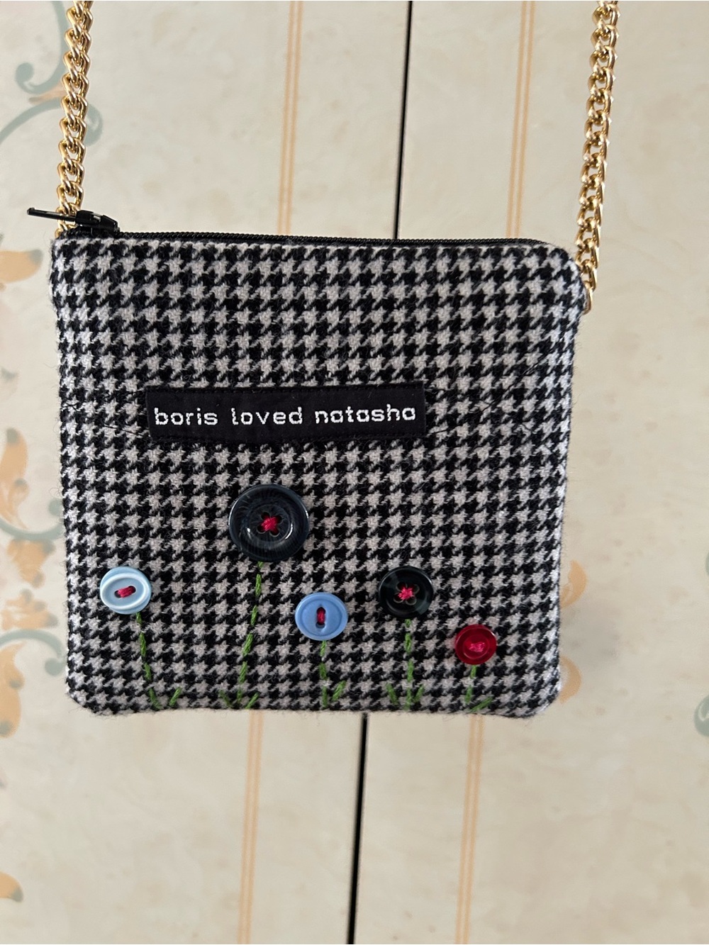 Black Houndstooth Button Floral Crossbody Bag